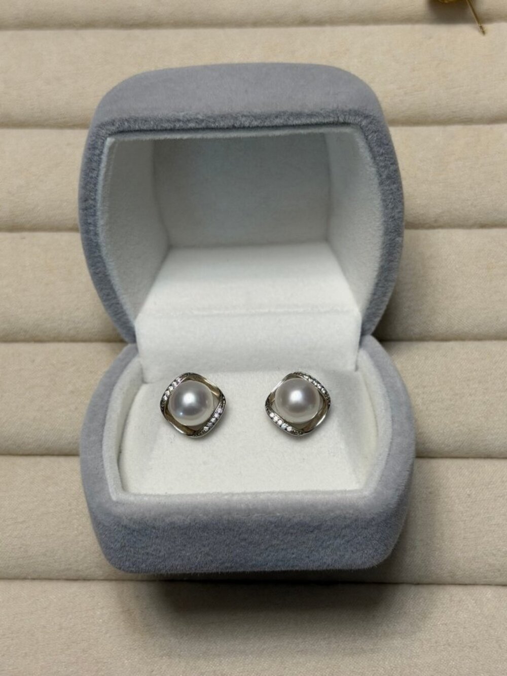 8.8mm White South Sea Pearl Crossover Stud Earrings, Moissanite Twisted Band,